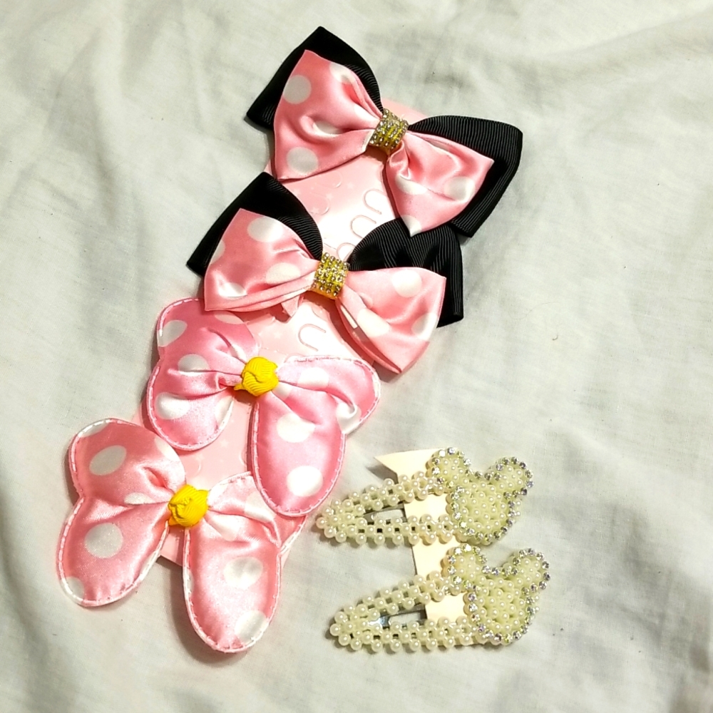 LOT OF 6 HIGH QUALITY HAIR PEARL MOUSE EARS 3' PAIR PLUS 4 BOWS